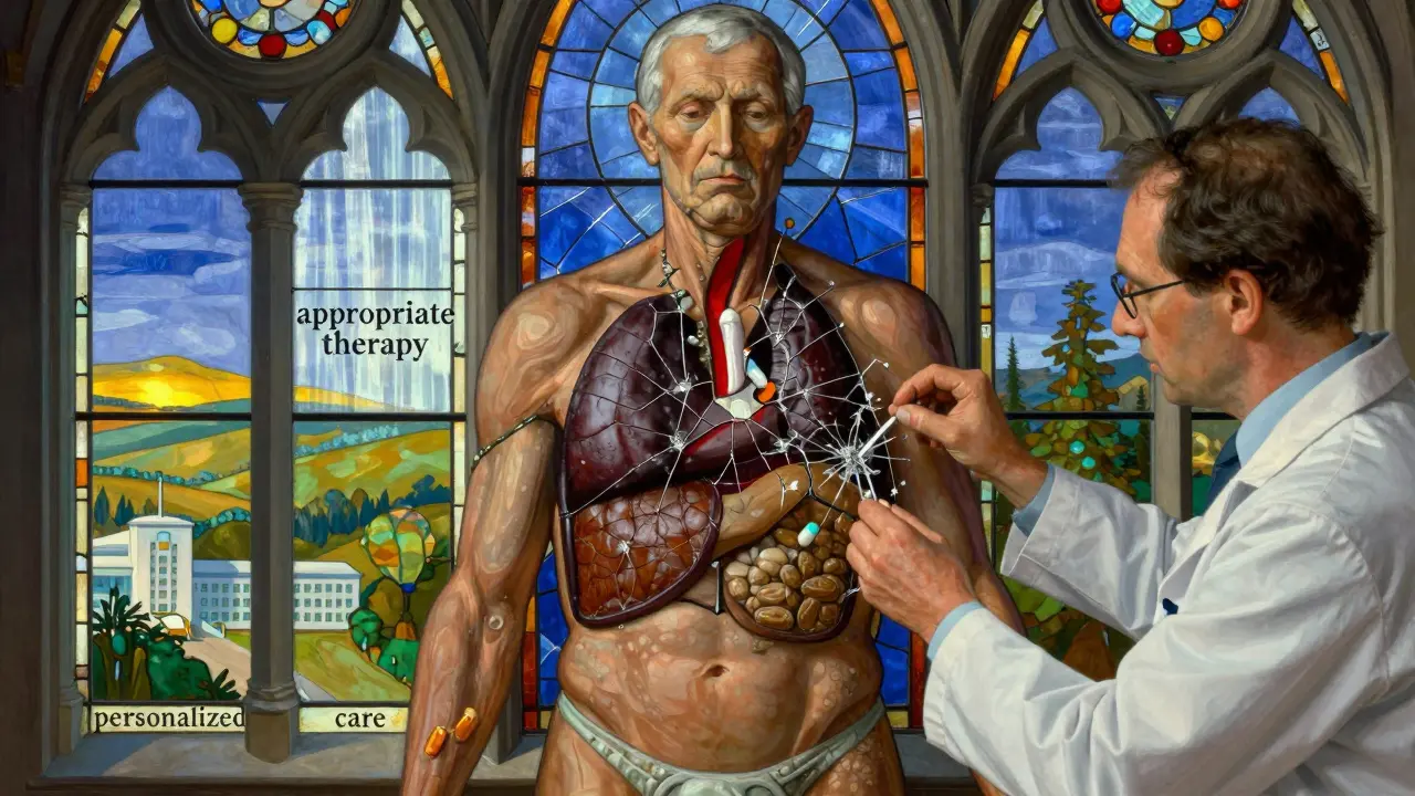 Un corpo anziano come una cattedrale con vetrate che si riparano, mentre un farmacista ripristina la salute con luce dorata.