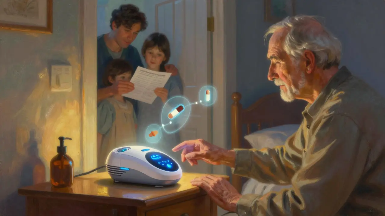 Un dispensatore intelligente con luci blu sopra un comodino, mentre un uomo e un familiare osservano con attenzione.