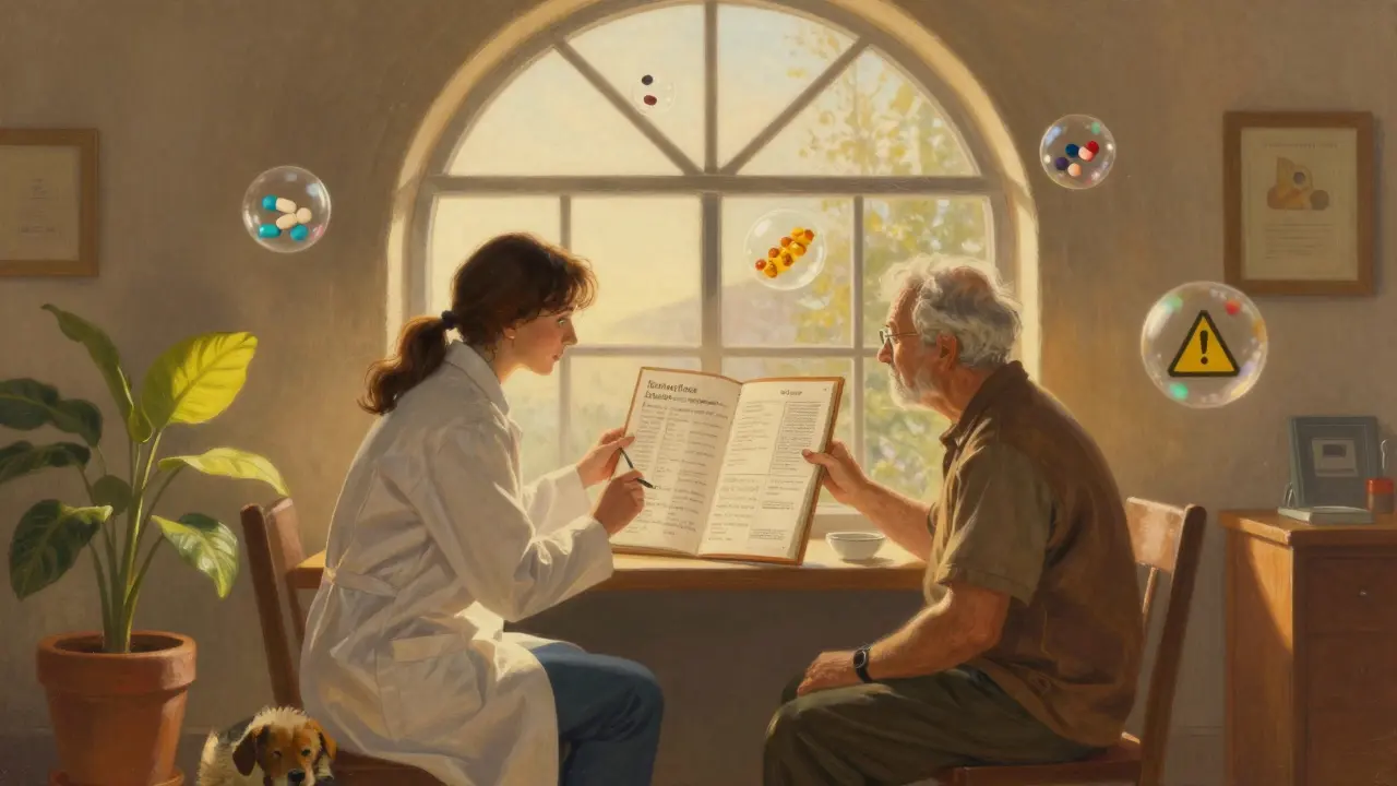 Un farmacista e un paziente anziano esaminano insieme una lista dei farmaci, circondati da simboli fluttuanti di interazioni.