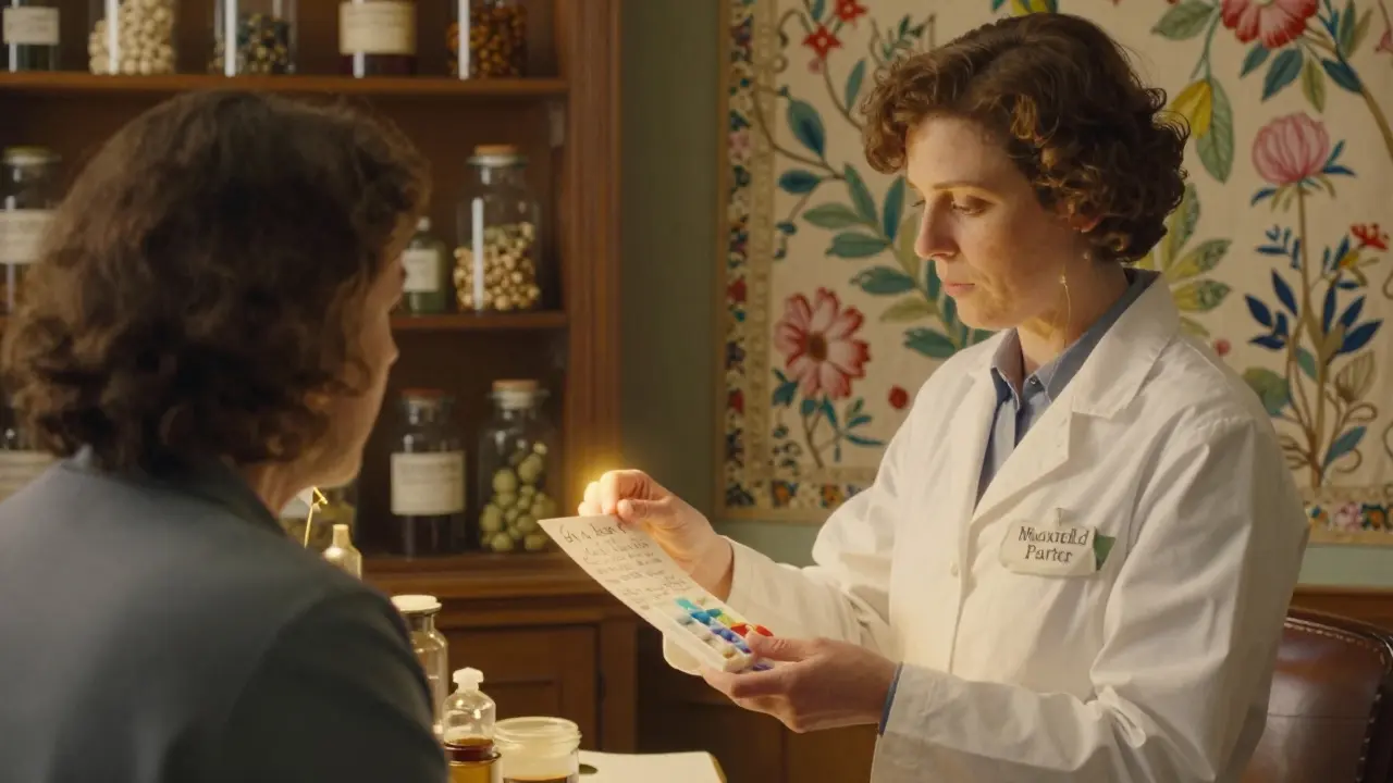 Un farmacista offre un organizer per farmaci a un paziente in una farmacia luminosa e decorata.