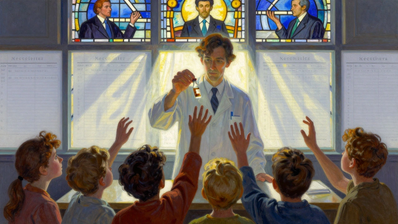 Un farmacista tiene un unico flacone mentre pazienti tendono le mani verso di esso, circondati da figure corporate.