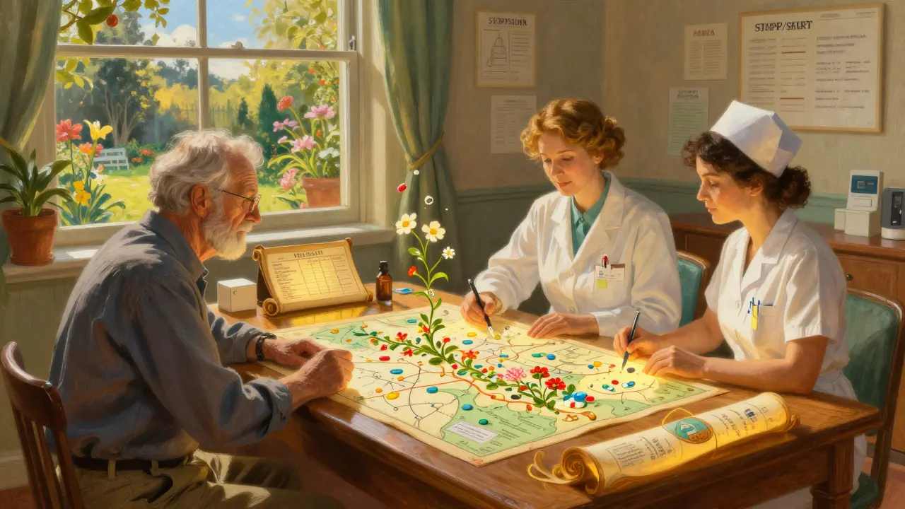 Un farmacista, un medico e un paziente anziano discutono insieme su una mappa luminosa dei farmaci in una clinica soleggiata.