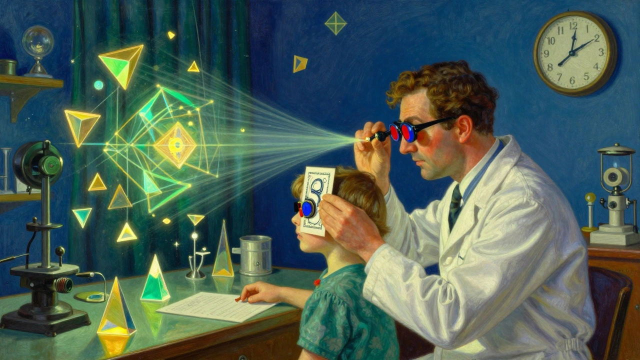 Un optometrista guida un bambino con filtri e carte stereoscopiche in un laboratorio luminoso.