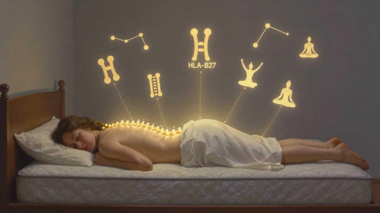 Un paziente che dorme a pancia in giù al chiarore dell'alba, con simboli scientifici fluttuanti intorno alla sua colonna.