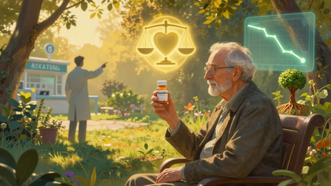 Un paziente nel giardino al tramonto tiene la pitavastatina, mentre simboli di cuore e insulina fluttuano nella luce dorata.