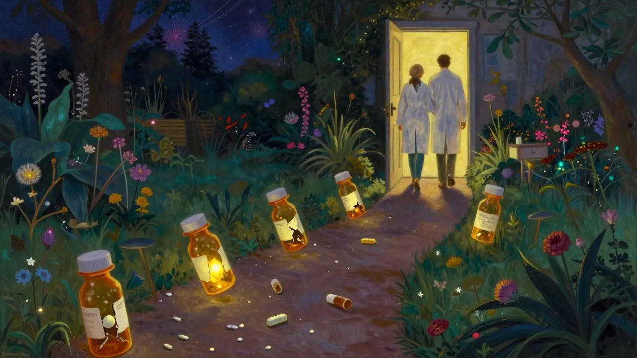 Un sentiero nel giardino al crepuscolo con pillole che brillano, guidato da un farmacista e un paziente insieme.