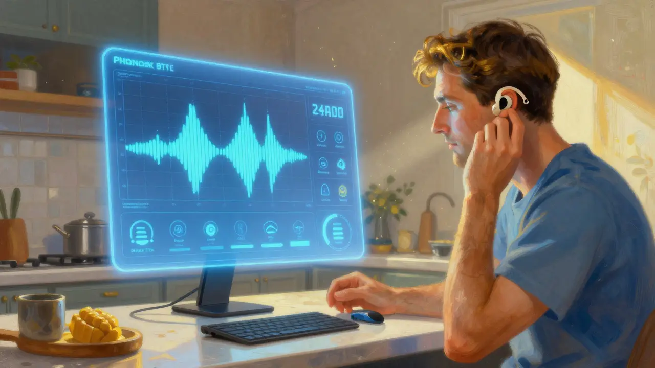 Un uomo che regola un apparecchio acustico BTE, con un'interfaccia digitale luminosa che mostra canali audio e tecnologia AI in stile pittorico.