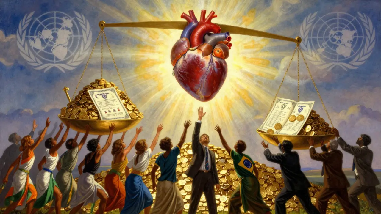 Una bilancia che pesa un cuore umano contro montagne di denaro e brevetti, con figure che cercano di raggiungere la vita.