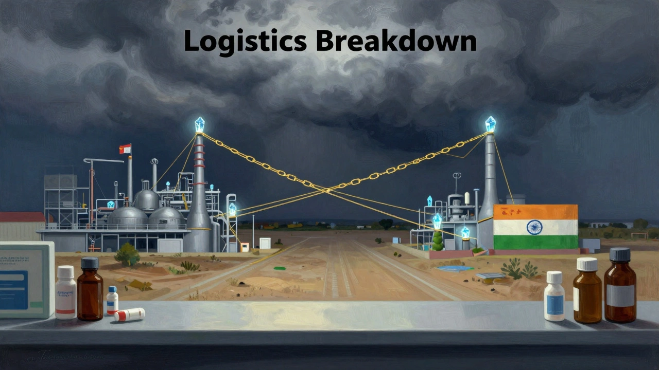 Una catena globale di cristalli farmaceutici che si rompe tra fabbriche in Cina e India, sotto una tempesta logistica.