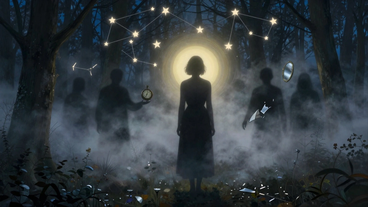 Una donna alla foresta nebbiosa, con ombre che svaniscono e stelle che formano volti familiari, simbolo di memoria e isolamento.