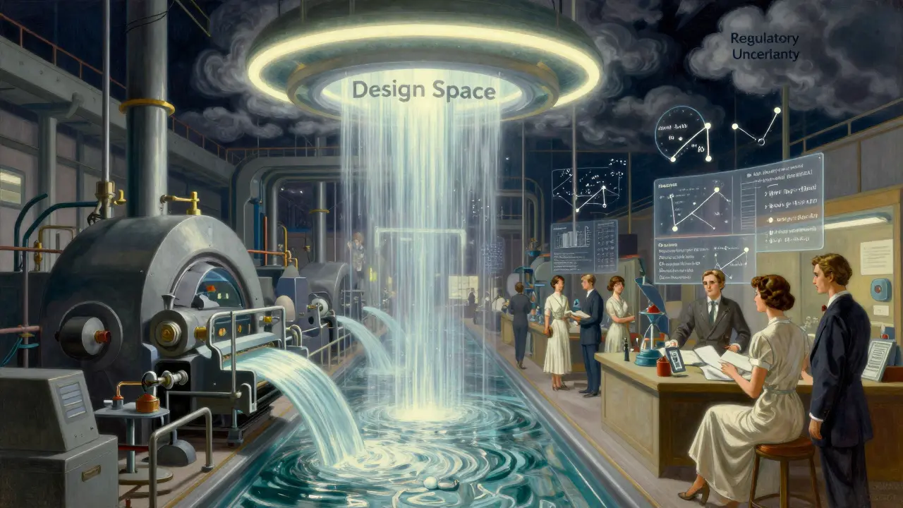 Una fabbrica moderna con un alone di 'Design Space' che protegge la produzione da incertezze regolatorie.