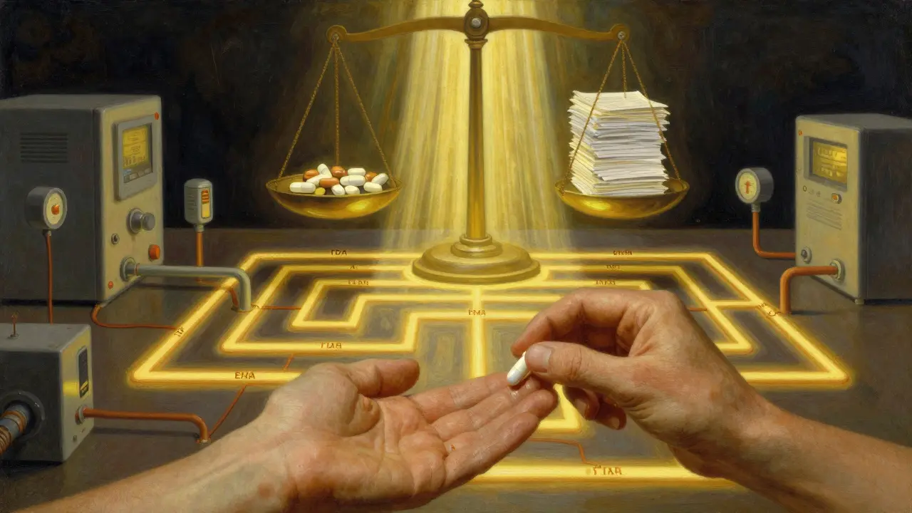 Una mano che riceve una pillola mentre dietro si snoda un labirinto di macchine e percorsi normativi illuminati d'oro.