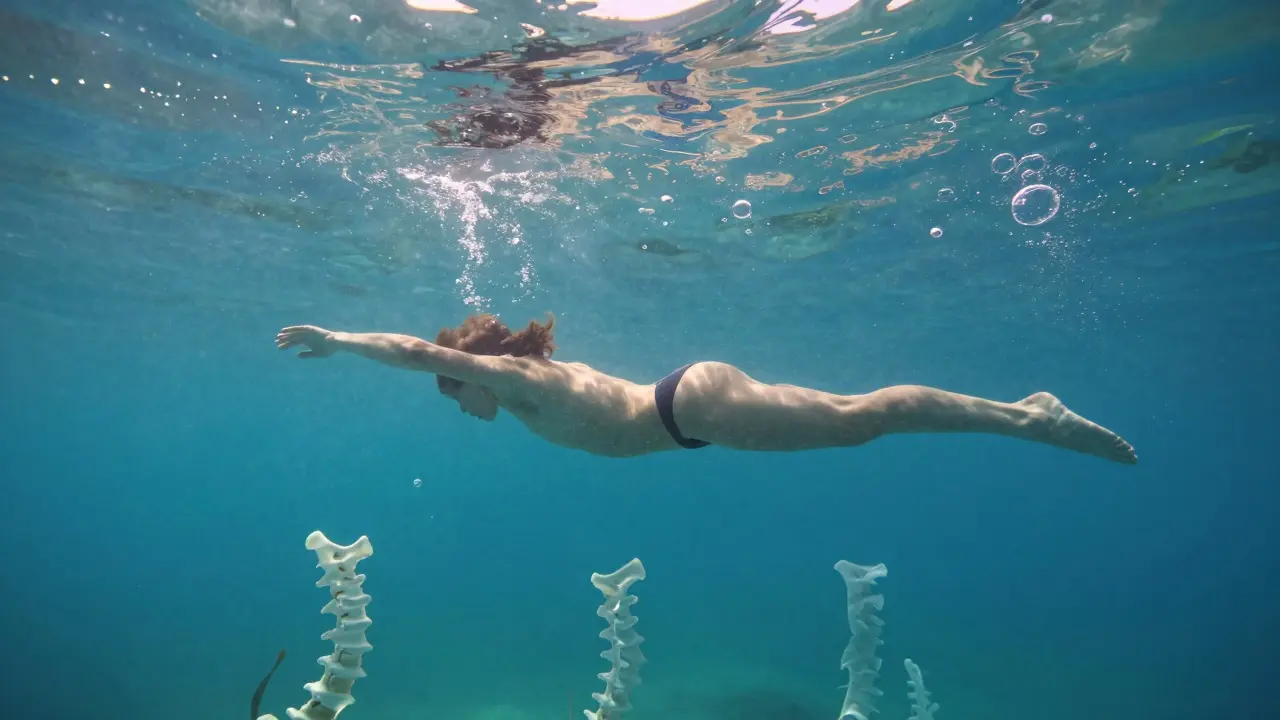 Una persona che nuota in acqua cristallina, con la schiena flessibile, mentre immagini di vertebre fuse scompaiono nelle profondità.
