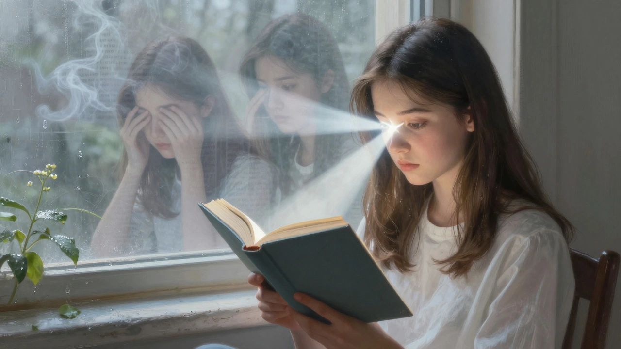 Una ragazza che legge serenamente, mentre le immagini della fatica scompaiono come fumo.