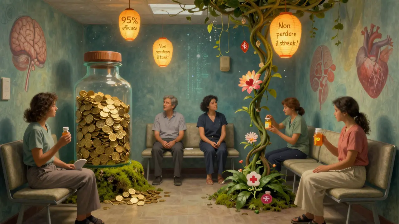 Una sala d'attesa trasformata in giardino incantato, con pazienti che tengono bottiglie diverse mentre lanterne fluttuanti mostrano messaggi di salute.