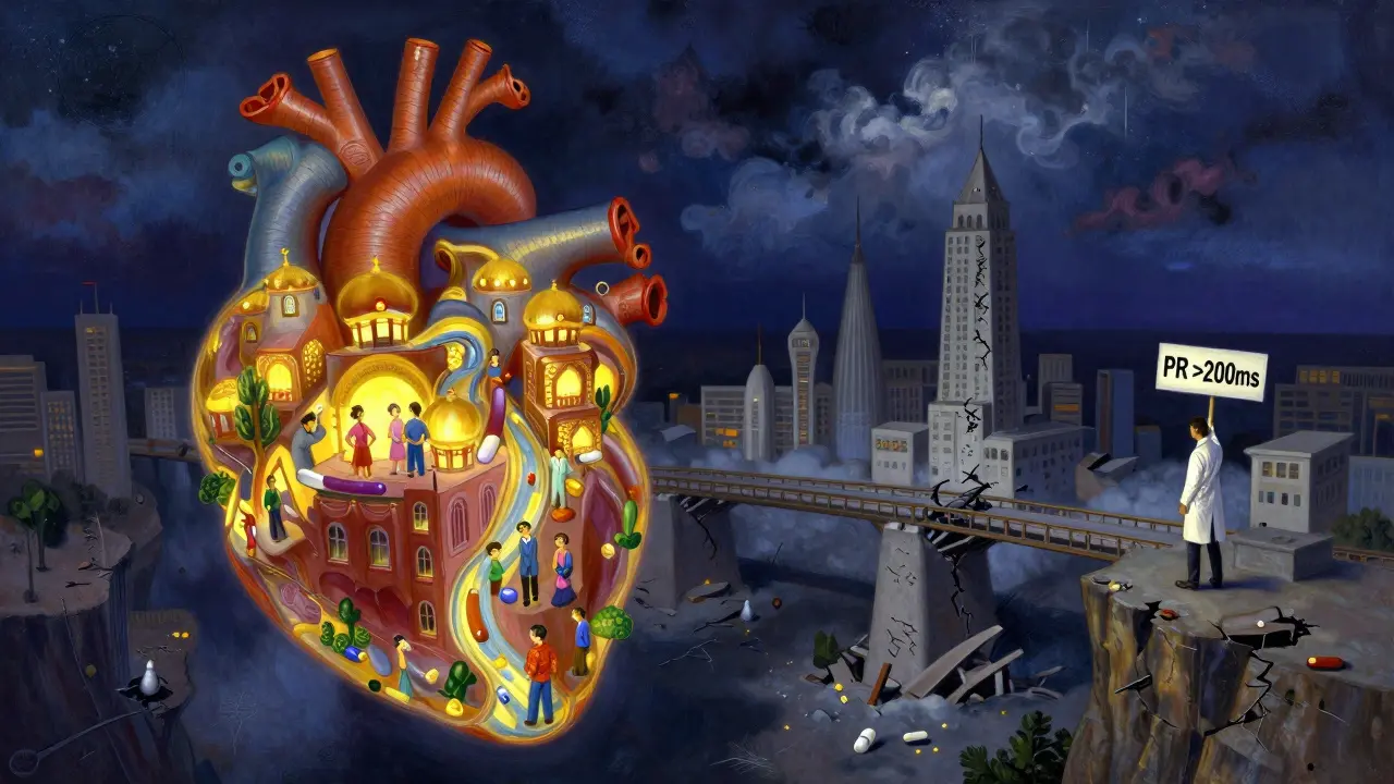 Città costruita su un cuore: un quartiere luminoso e fiorente accanto a uno in rovina, simbolo dei diversi esiti terapeutici.