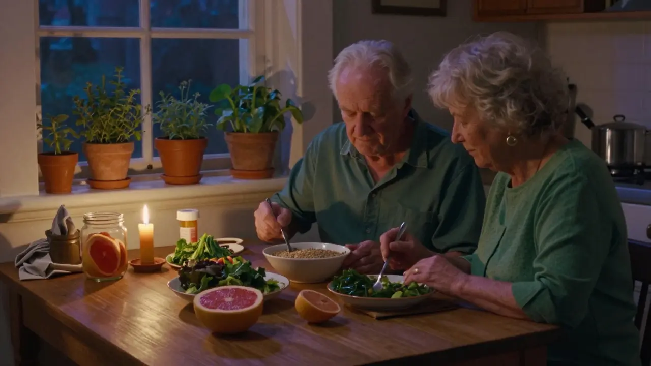 Coppia anziana che prepara un pasto sano in cucina, con frutta e verdura sul tavolo.