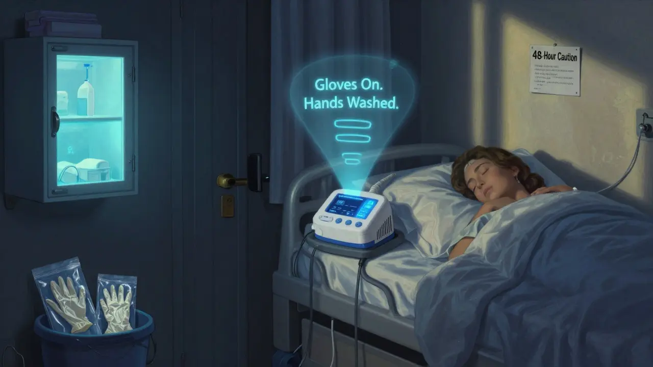 Dispositivo MedMinder che illumina una stanza da letto con promemoria di sicurezza, mentre guanti protettivi sono sigillati in sacchetti di plastica.