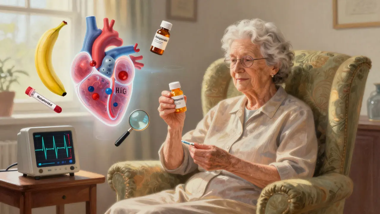 Donna anziana con pillola e diagramma cardiaco che mostra canali ionici bloccati, in luce dorata e atmosfera onirica.