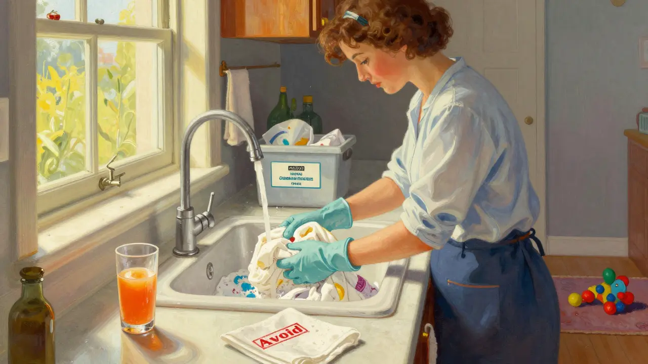 Donna che lava biancheria contaminata da chemioterapia, con asciugamano separato e succo di pompelmo contrassegnato come da evitare.