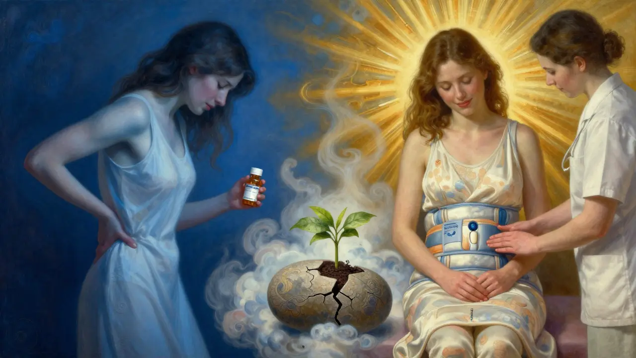 Due scene contrastanti: una donna con farmaci e dolore, l'altra con un cerotto termico e luce calda, simbolo di scelta.