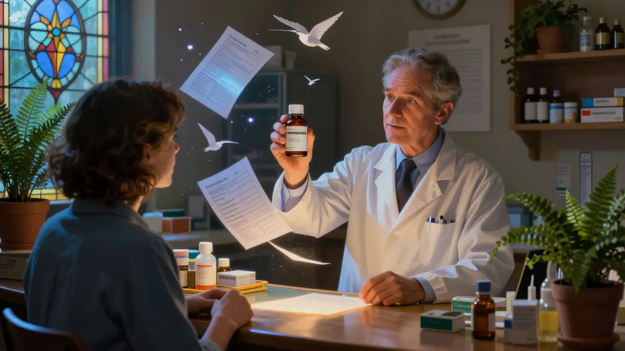 Farmacista che consiglia un cliente in un ambiente luminoso e magico, con elementi fluttuanti di istruzioni mediche.