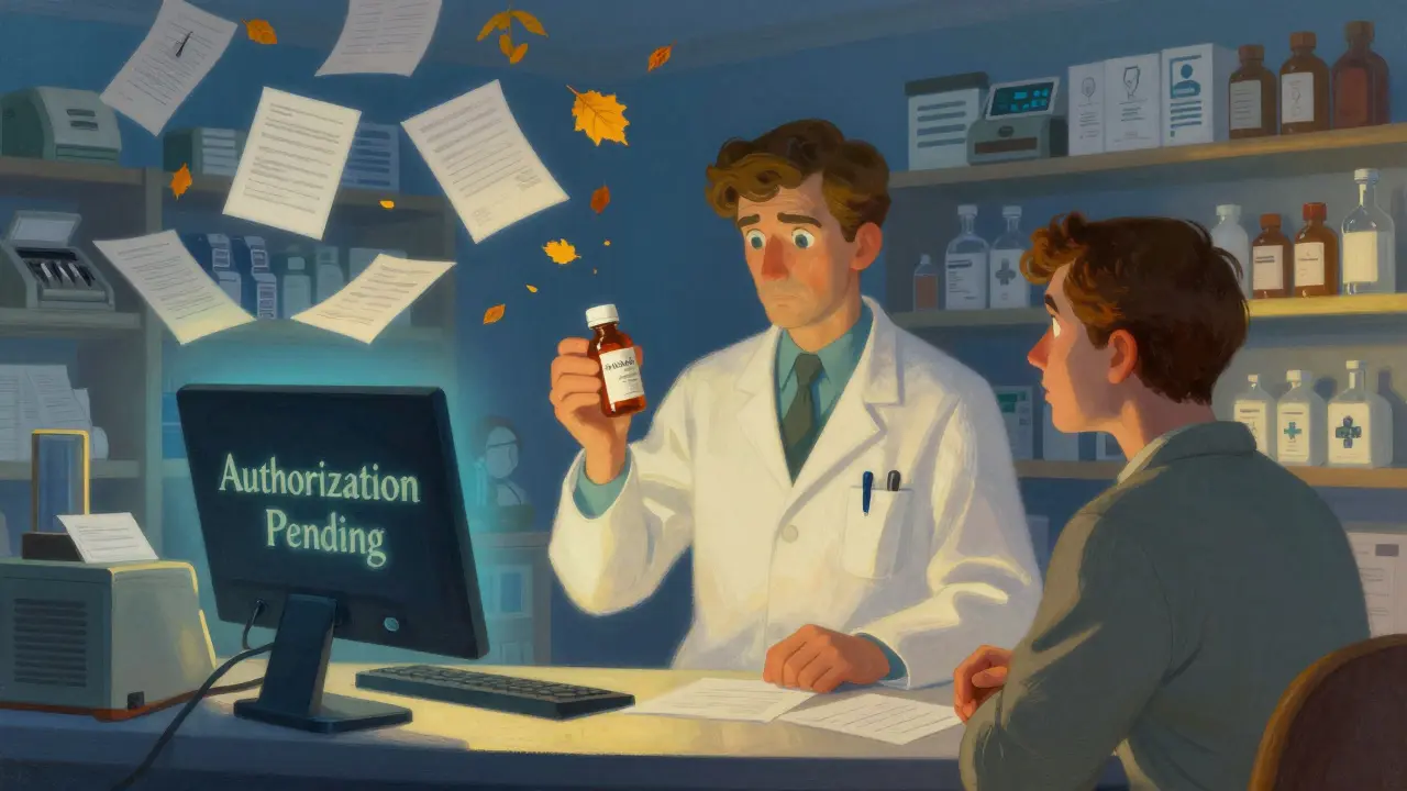 Farmacista guarda uno schermo che mostra 'Autorizzazione in attesa' in una farmacia al chiarore dell'alba.