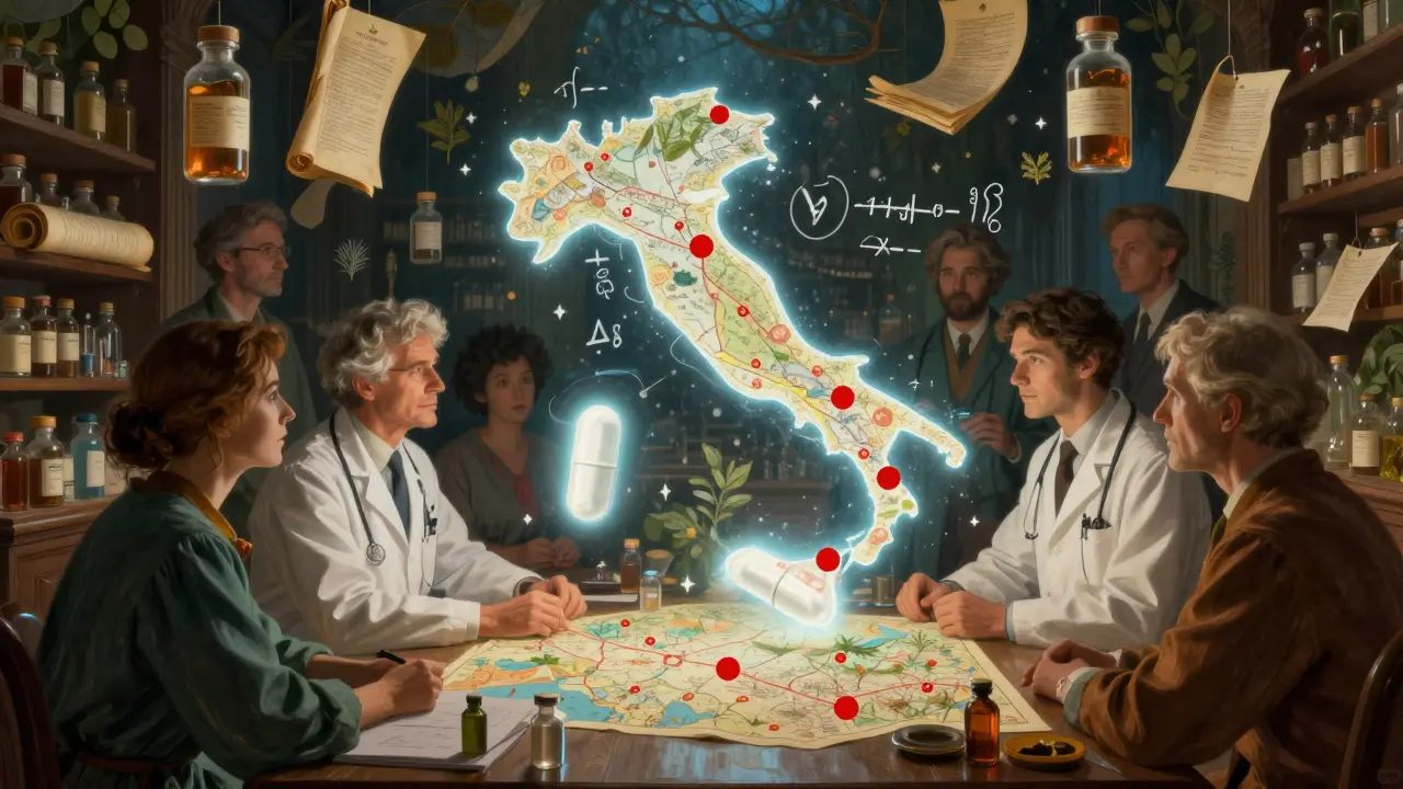 Medici e pazienti studiano una mappa fluttuante delle scadenze brevettuali, illuminate da capsule biosimilari luminose.