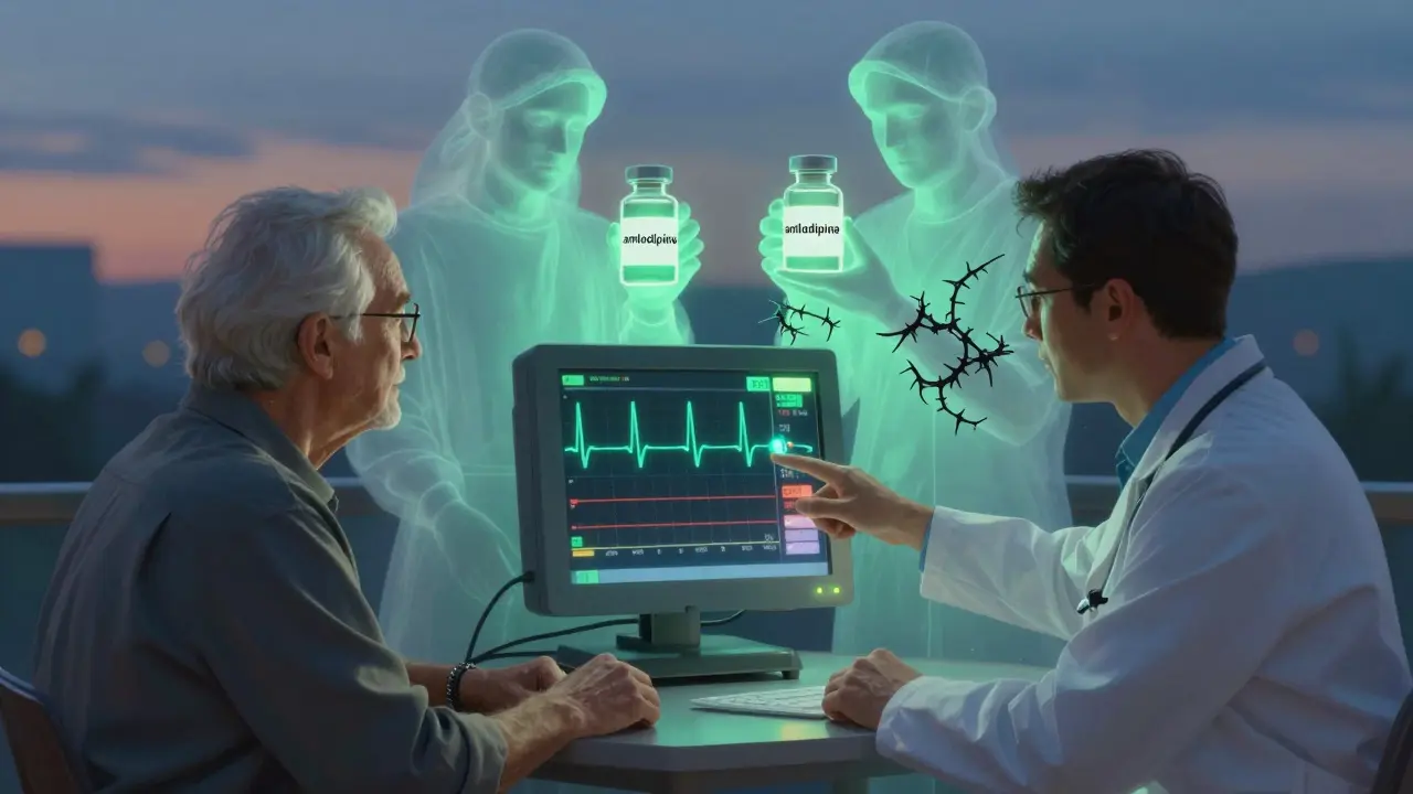 Medico che mostra un ECG normale a un paziente anziano, con due figure trasparenti che rappresentano le due combinazioni farmacologiche.
