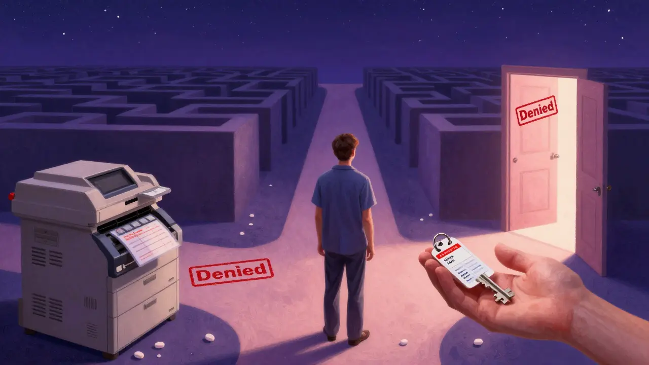 Paziente davanti a due strade: una burocratica e oscura, l'altra luminosa con farmaci e una chiave di prescrizione.