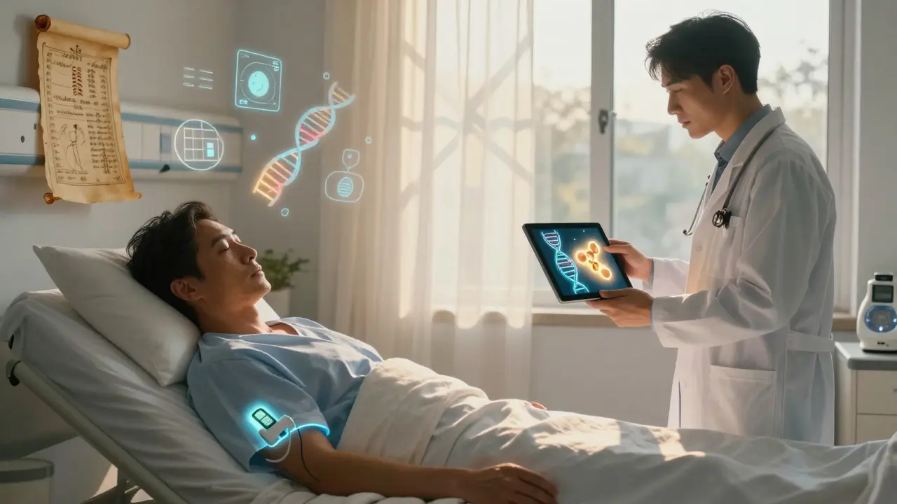 Paziente in ospedale con monitor glicemico e molecola di carvedilolo che emette luce dorata, in un'atmosfera serena e illuminata.