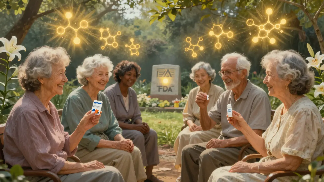 Pazienti anziani in un giardino soleggiato che assumono farmaci, con diagrammi molecolari identici che fluttuano sopra di loro.
