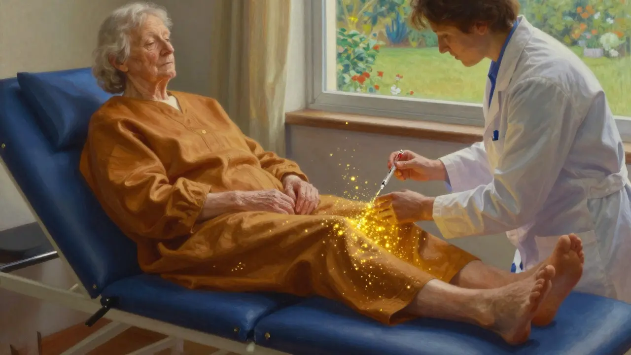 Persona anziana che riceve un'iniezione al ginocchio con particelle di luce dorata che fluttuano intorno.