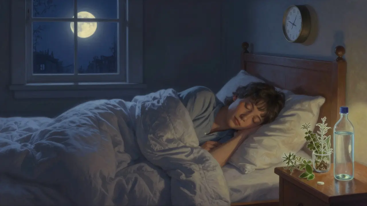 Persona che dorme serenamente in una stanza al chiarore dell'alba, con acqua e erbe sul comodino.