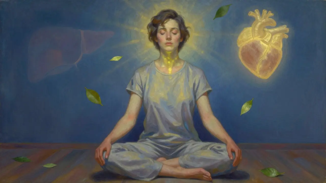 Persona in meditazione, avvolta da luce dorata e blu, con simboli di cuore e fegato che brillano intorno a lei.