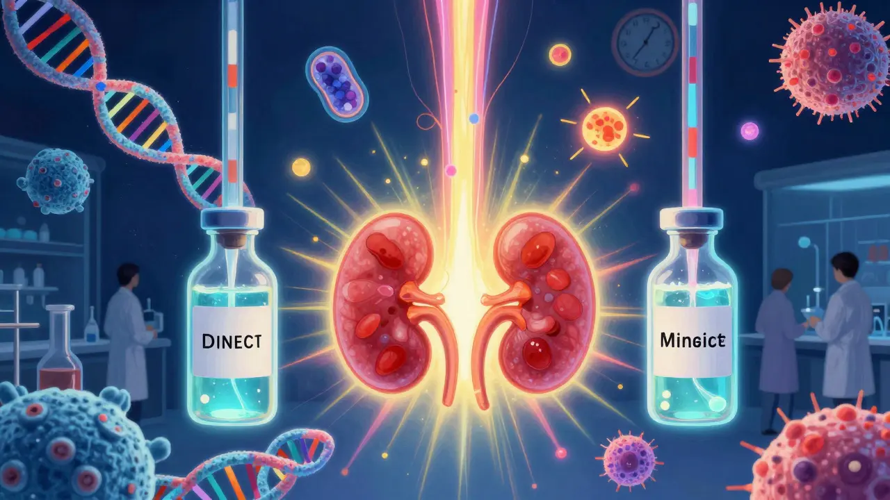 Tre flaconi di farmaci versano luce su un rene radiante, mentre segnali immunitari si dissolvono in un'atmosfera magica.