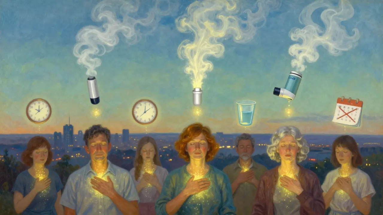 Tre inalatori fluttuano nel cielo al tramonto, ognuno con una nebbia diversa, mentre persone di tutte le età ricevono la cura con luce celeste.