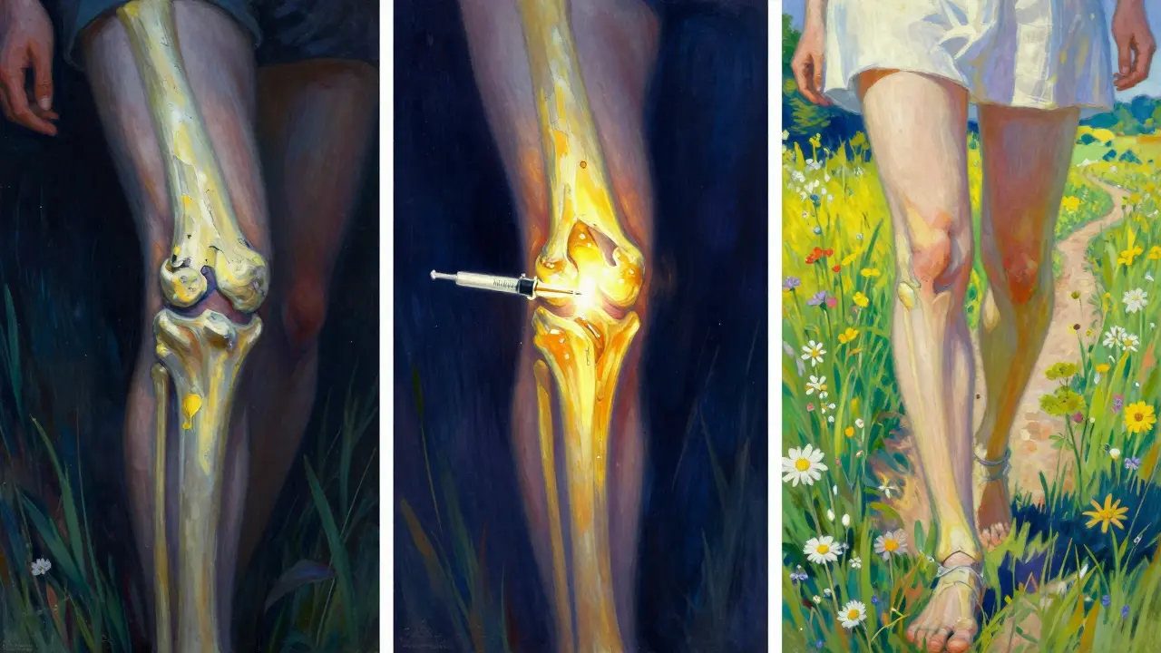 Triptico simbolico: ginocchio danneggiato, iniezione luminosa, e camminata libera in un prato soleggiato.