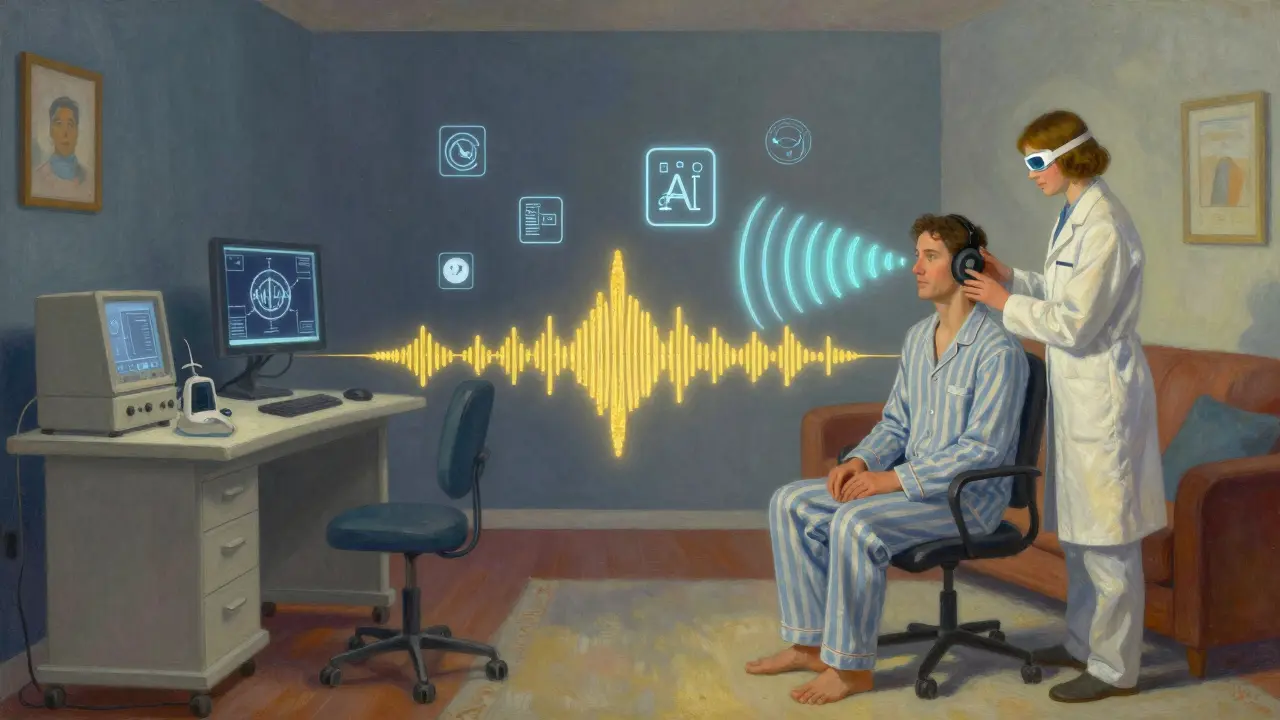 Un'illustrazione simbolica che unisce clinica e casa attraverso una ponte di luce dorata, con apparecchi acustici e onde sonore che collegano i due mondi.