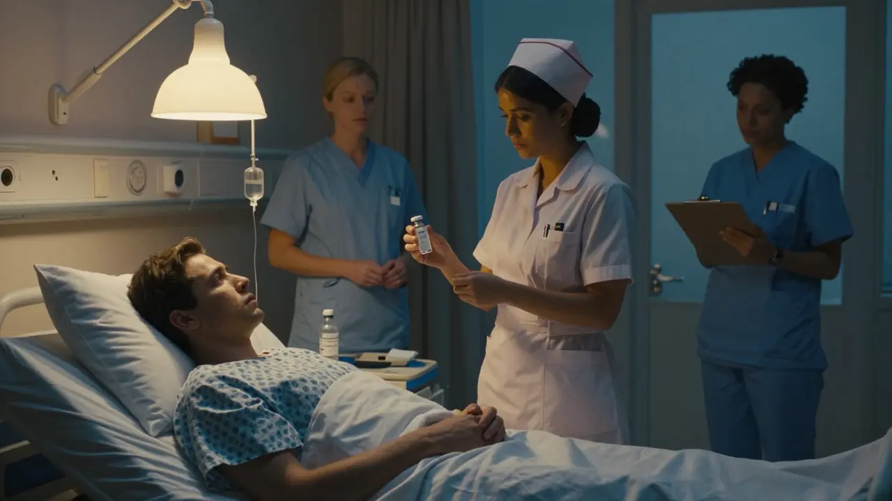 Un'infermiera somministra morfina a un paziente mentre un collega osserva, con una fiala di solino visibile sul comodino.