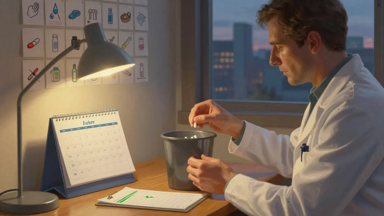 Un medico alla scrivania che smaltisce una pillola scaduta mentre un calendario e un foglio di calcolo mostrano risparmi e rotazione delle scorte.