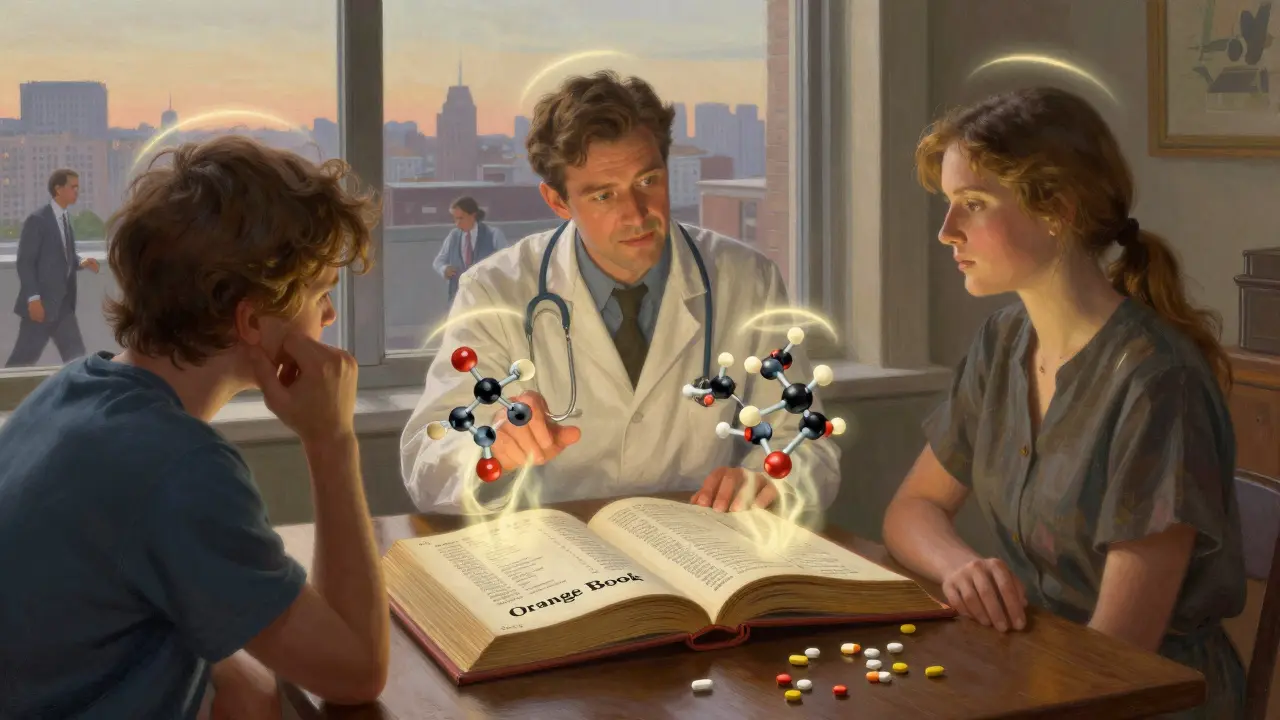 Un medico spiega a un paziente l'equivalenza dei farmaci generici, circondati da strutture molecolari luminose e un libro aperto.