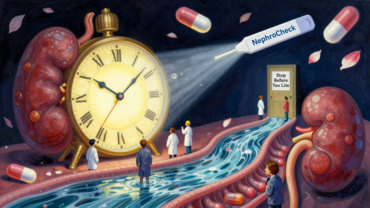 Un orologio fatto di papille renali che si dissolvono in petali, con un test che illumina un percorso verso la salute.