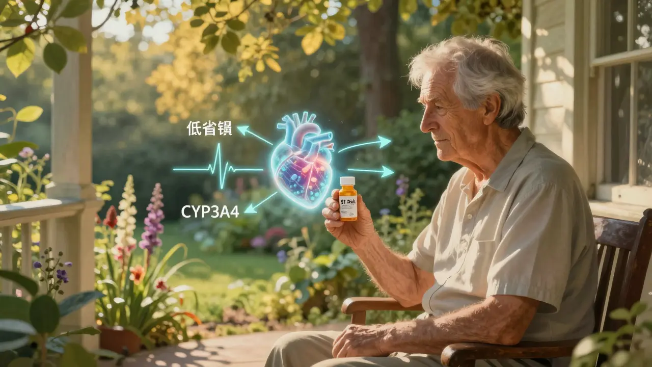 Un paziente anziano su una veranda osserva una bottiglia di farmaci, mentre segnali invisibili rivelano rischi cardiaci nascosti.