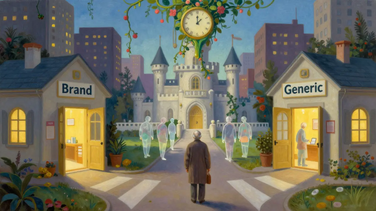 Un paziente sceglie tra un farmaco di marca e uno generico in un paesaggio onirico, con un orologio che si trasforma in fiori.