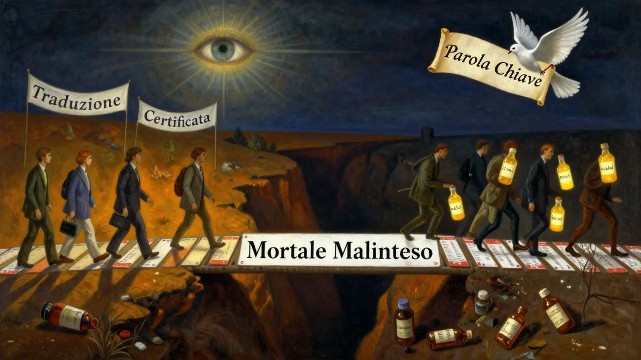 Un ponte di etichette mediche collega la sicurezza alla tragedia, sotto uno sguardo celeste che protegge chi cerca chiarezza.