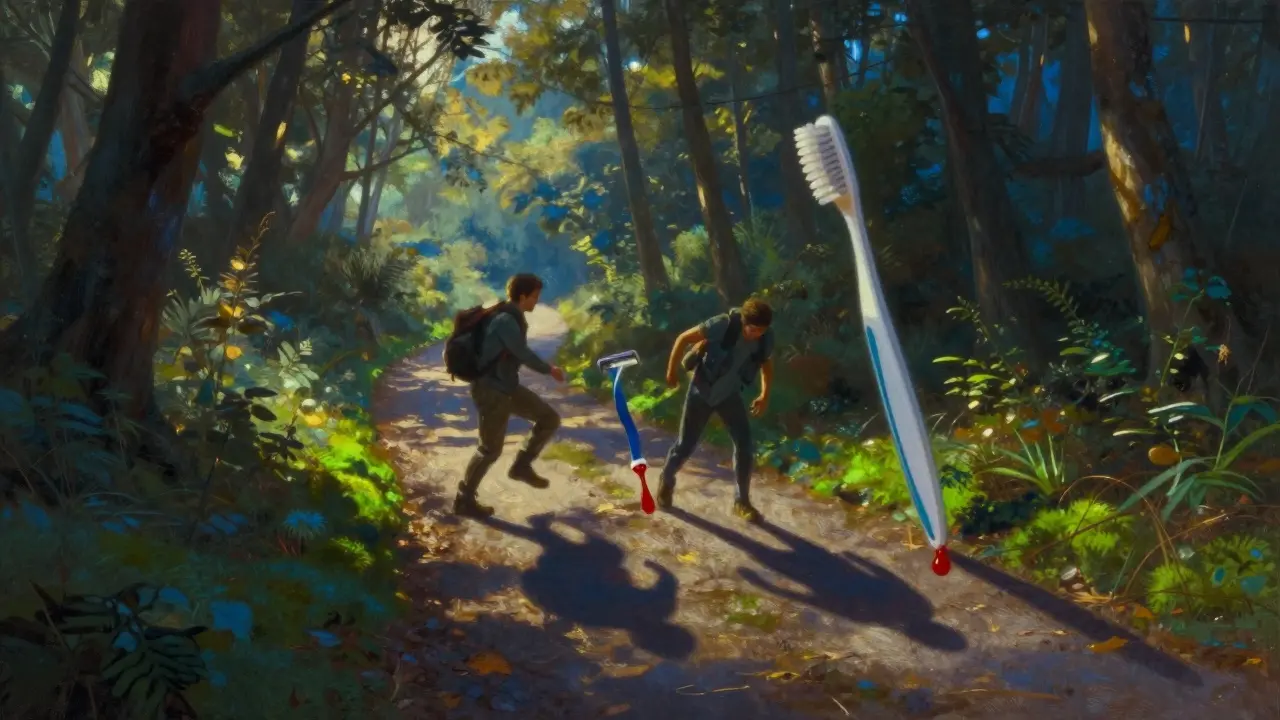 Un sentiero boschivo dove l'ombra di un camminatore perde gocce di sangue da rasoi e spazzolini.