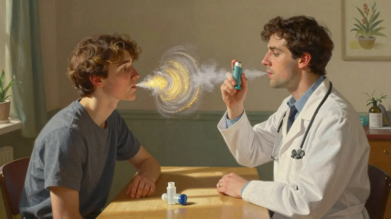 Un terapeuta mostra come usare correttamente un inalatore a polvere asciutta, particelle luminose si avvolgono nell'aria mentre il paziente inspira.