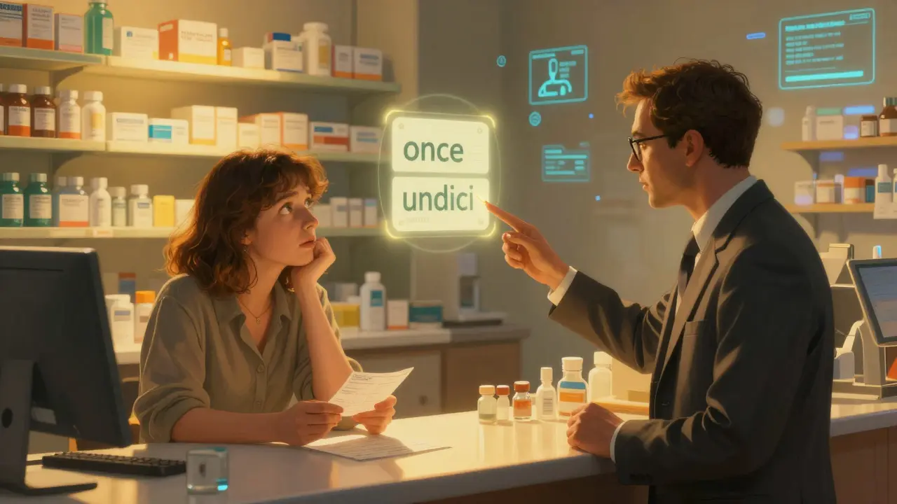 Un traduttore medico certificato spiega un'etichetta di prescrizione a un paziente, con parole magiche che fluttuano nella luce dorata.