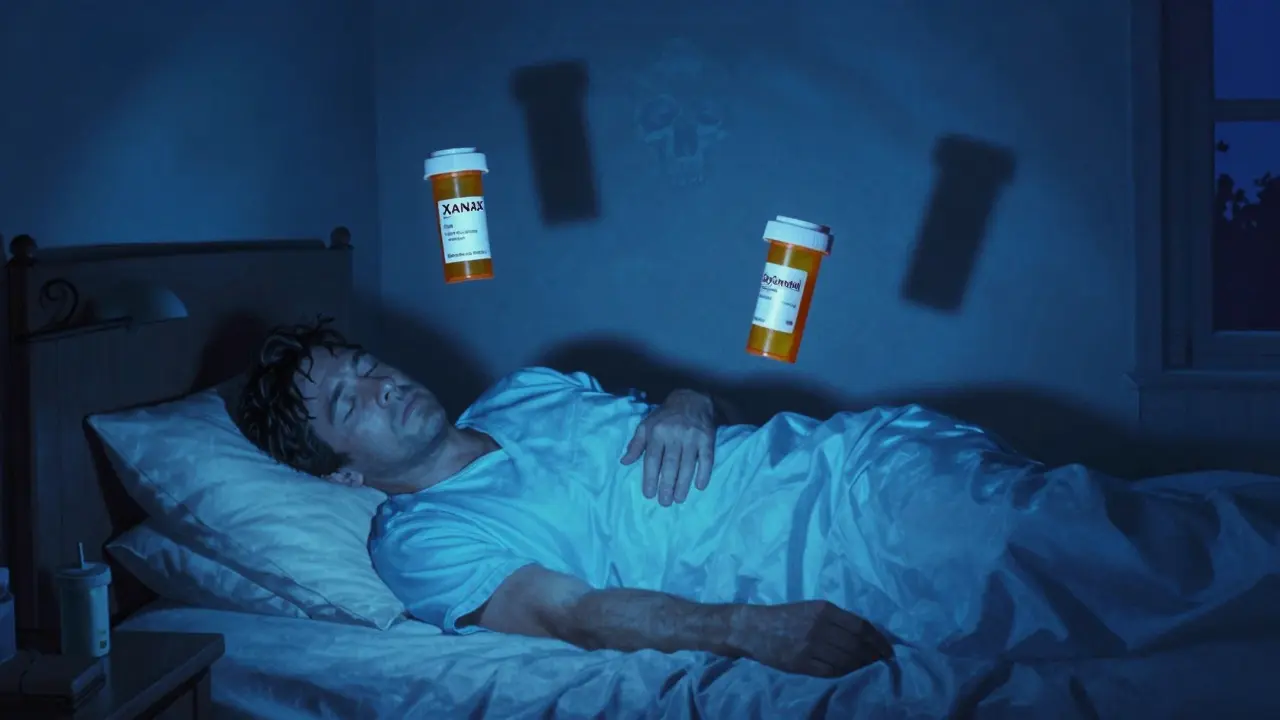 Un uomo addormentato è circondato da due farmaci che proiettano un'ombra a forma di teschio, simbolo del rischio letale di benzodiazepine e oppioidi.